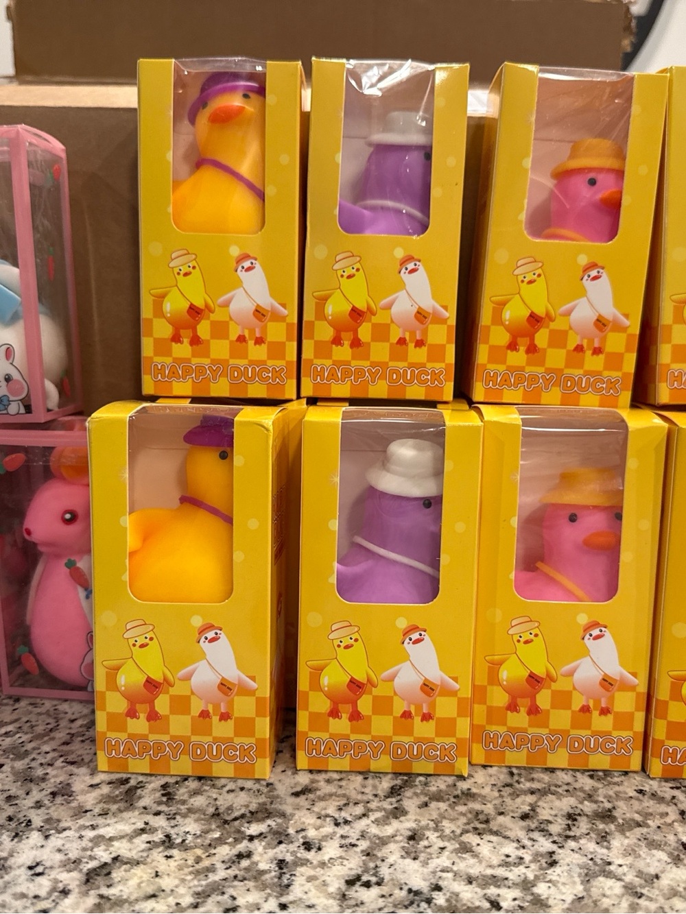 Squishy Ducks and Squisy Bunny Rabbits. Happy Duck Brand. 15 total items.